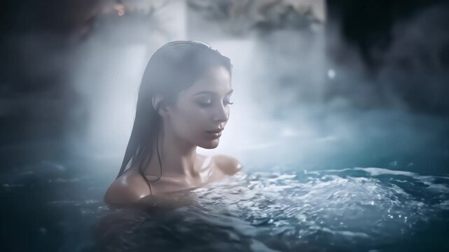 Woman enjoys relaxation in a steamy hot tub