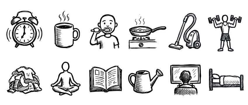 Collection of hand-drawn daily activity icons illustrating morning routines, household chores, self-care, and leisure, presented in a simple black and white sketch style