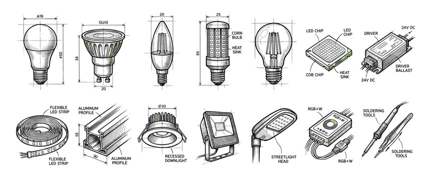 Various hand-drawn LED lighting components and tools are meticulously illustrated with technical details and labels, showcasing different bulb types, strips, drivers, and fixtures in a clear