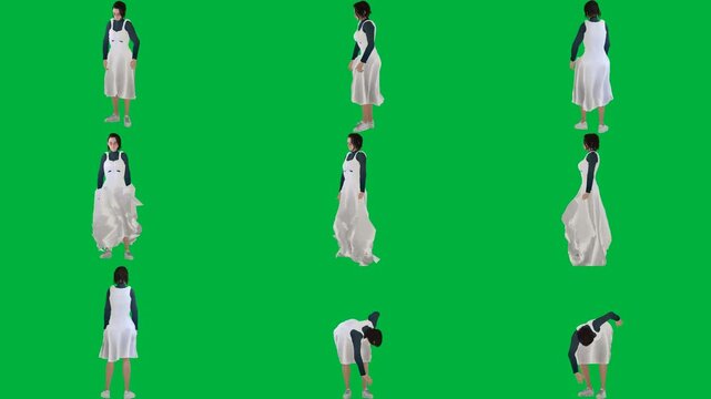 A woman in white dress is standing on green screen و walking dancing animated chromakey background backgrounds design emotion depth gesture elements frame figure colorful motion layers