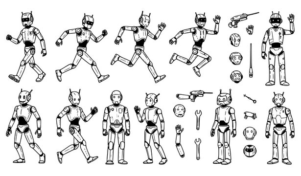 A black and white vector graphic illustration of a robot character in various poses and parts