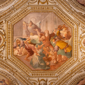Salerno -  The ceiling fresco of Massacre of Innocens in the crypt of Cathedral of St. Matthew by Belisario Corenzio (1558&ndash;1646)