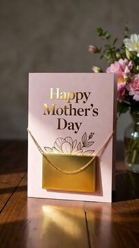 Elegant Happy Mother's Day Card With Gold Envelope Necklace and Pink Flowers on Wooden Table
