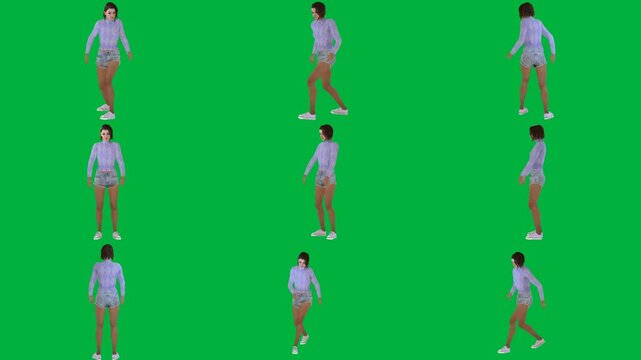 A woman is walking on green screen و in blue shirt animated chromakey background colorful motion illustration elements expression gesture depth layers cartoonish frame design style