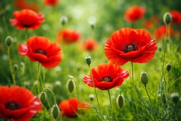 Naklejka premium Vibrant red poppies blooming in a sunlit meadow on a warm spring day