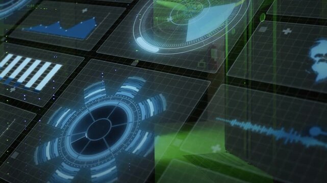 Vertical video: Holographic grid receiving green beams, radial rotating and radar sweeping for tech