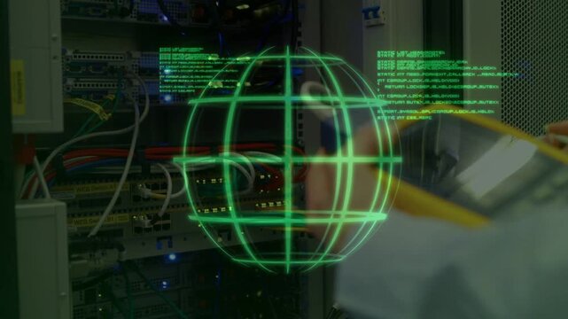 Vertical video: Tech testing servers, moving probe toward rack ports in IT, green globe forming