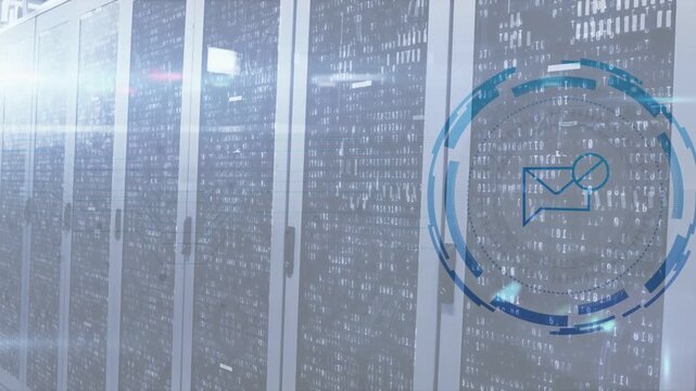 Server racks filling IT flare sweeping starting HUD growing mail icon rings rotating showing alert