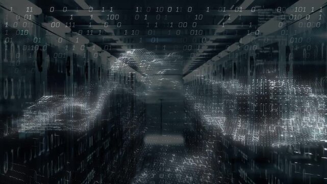 Vertical video: Rack aisle showing ribbon wave fed by network, forming binary veil visualizing data