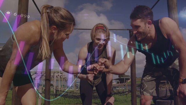 Vertical video: Two athletes doing fist bumps after set, center cheering, finance charts overlaying