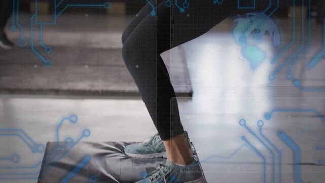 Vertical video: Woman prepping jump onto plyo box, landing into lunge for fitness overlay guiding