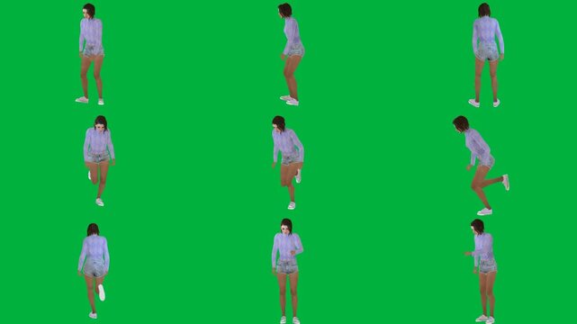 A woman in blue shirt is walking on green screen و dancing standing animated chromakey background scene illustration layers frame cartoonish colorful gesture expression motion emotion