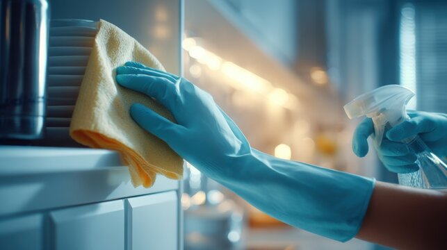 Professional cleaning service wiping down kitchen surfaces with spray bottle and cloth. Person wearing blue gloves uses yellow microfiber cloth cleaning spray to sanitize kitchen counter appliances
