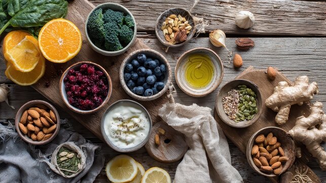 Natural immune-boosting ingredients displayed as a nourishing kitchen scene for wellness and diet