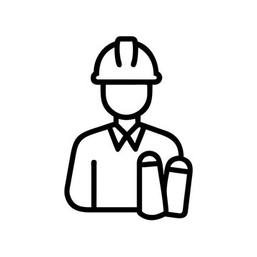 Black line icon of a construction worker holding blueprints
