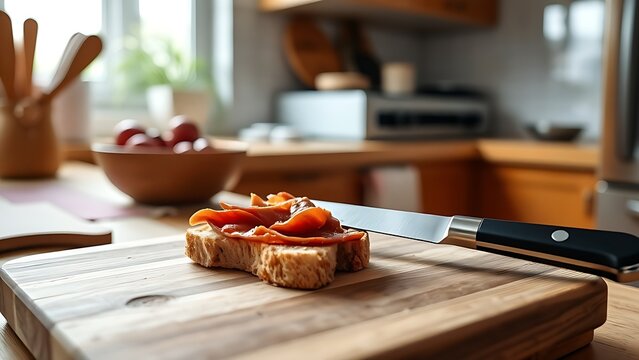 A knife spreading liverwurst onto a slice of bread on a wooden board in a warm kitchen.