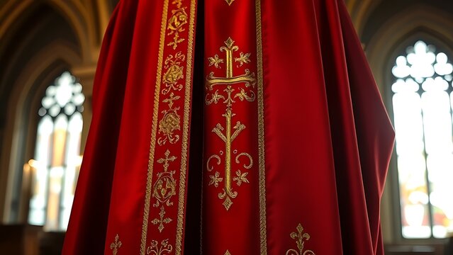 A deep red silk vestment with gold embroidery in a quiet church room.