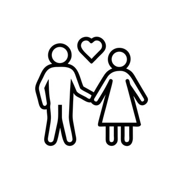 Black line art of a loving couple holding hands with a heart