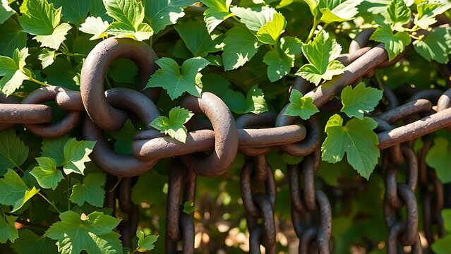 Thick rusted iron chains broken apart by vigorous green vines in natural light.