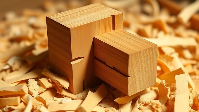 Macro shot of a traditional woodworking joint, a mortise and tenon nestled in wood shavings.