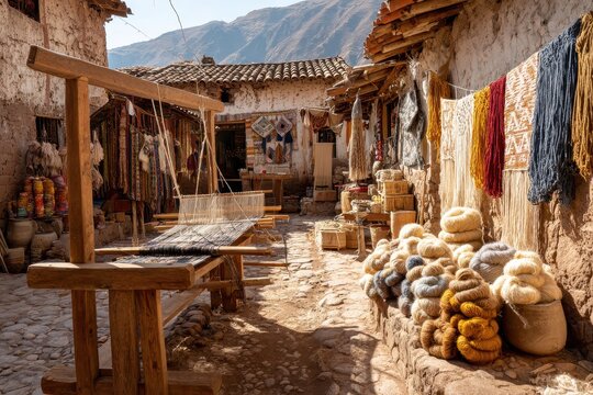 Traditional Peruvian weaving center with natural dyed wool near Cusco