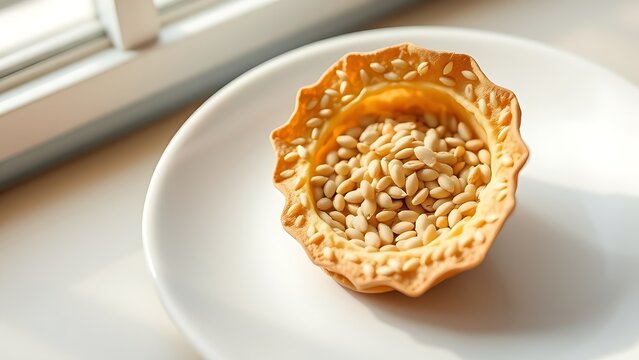 A dried sesame pod split open on a white plate, revealing tiny seeds.