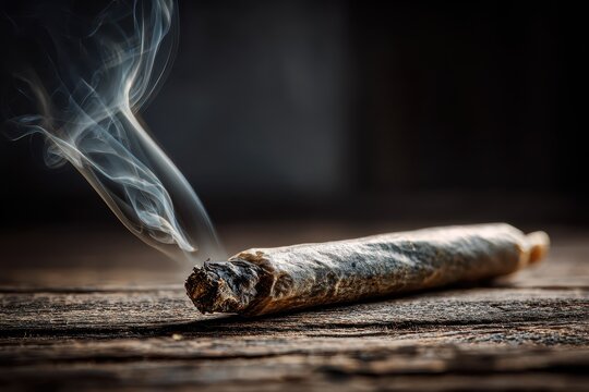 Intimate macro scene of a rolled joint resting on a textured table with soft smoke