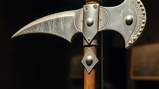 A medieval halberd with axe blade and spear point, displayed in museum lighting.