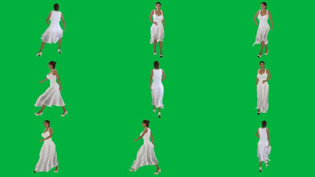 A woman in white dress on green screen و is walking animated chromakey background gesture scene design composition backgrounds cartoonish illustration motion creative style layers emotion