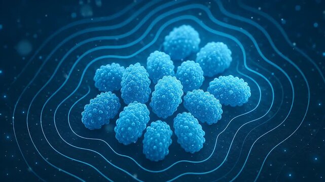 Abstract blue berry cluster digital background with neon futuristic food fruit wave pattern and glowing sci fi particle texture modern creative art fantasy cuisine design