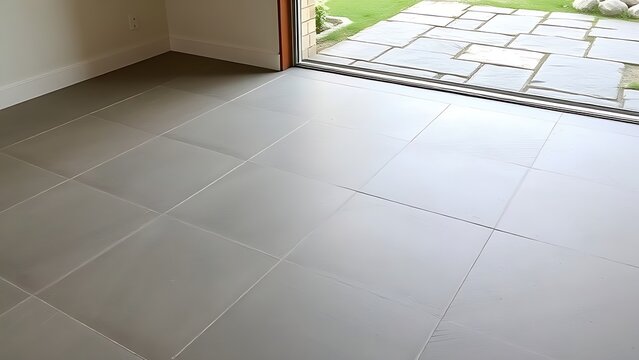 Transition from smooth indoor floor to rough outdoor stone slab boundary.