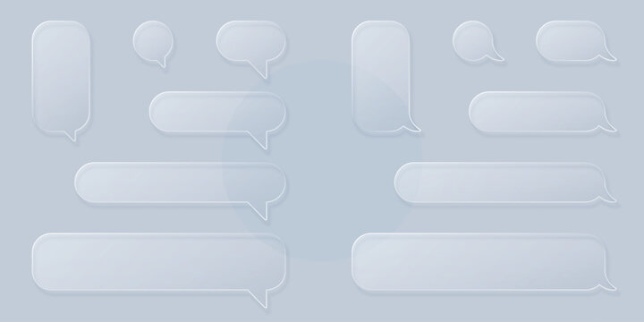 Glass effect speech bubble set ith glossy liquid texture. Modern 3D chat icon for digital communication apps with realistic crystal-like speech design.