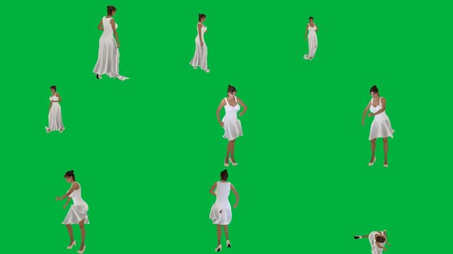 A woman in white dress is dancing on green screen و walking across animated chromakey background elements layers scene style figure design frame depth cartoonish motion expression composition