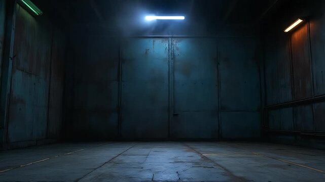 An empty, industrial room with weathered metal walls and concrete floor.