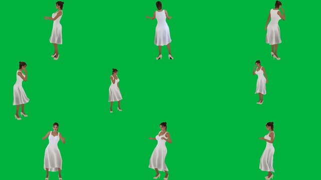A woman in white dress is walking on green screen و dancing animated chromakey background gesture emotion motion illustration scene creative expression figure composition frame movement