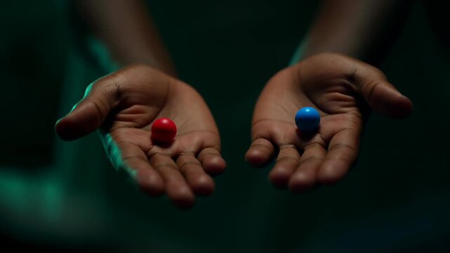  Two hands offering red and blue pill choice on dark green background dramatic closeup