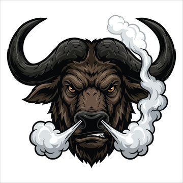 Aggressive bull or buffalo head illustration, fiercely snorting smoke, symbolizing raw power, untamed strength, and determination, ideal for a bold mascot design