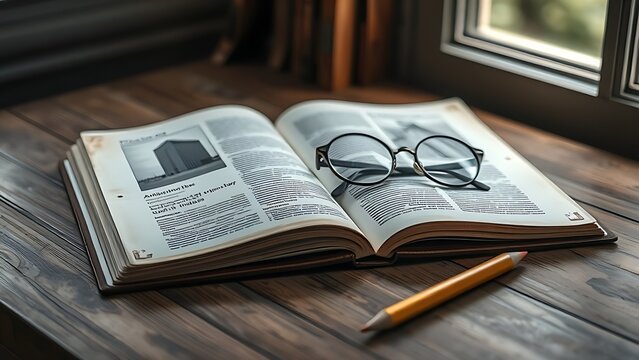An open architecture book with spectacles and a pencil on a wooden desk in morning light.