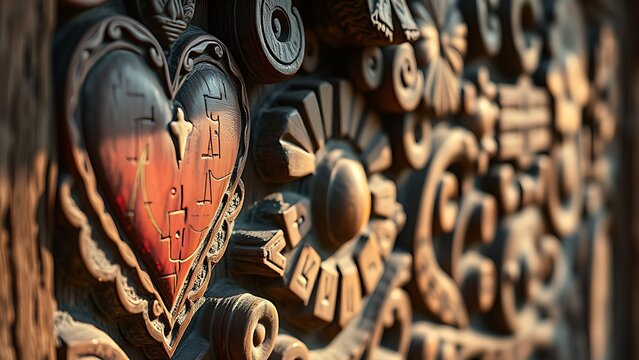 Traditional painted wood carving with hearts, flowers, and geometric patterns.