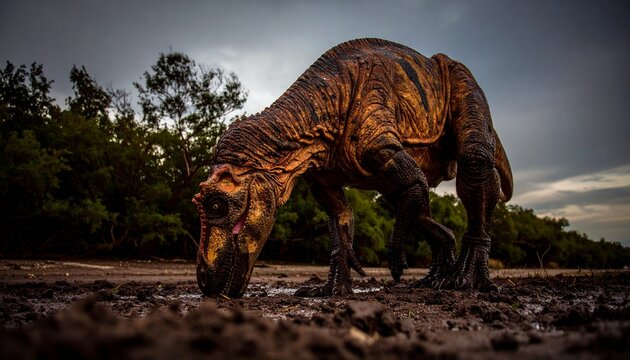 Realistic Carnotaurus Theropod Dinosaur Grazing in a Stormy, Muddy Marshland, Detailed View