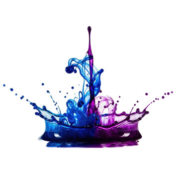 Macro photo of an abstract, dynamic watercolor and ink splash, blending ultramarine blue, cobalt, and violet. Razor-sharp focus on feathered edges against transparent. Concept of explosive