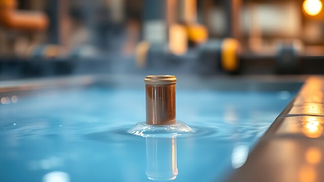 A copper part emerging from a blue electrolytic bath in an industrial setting.