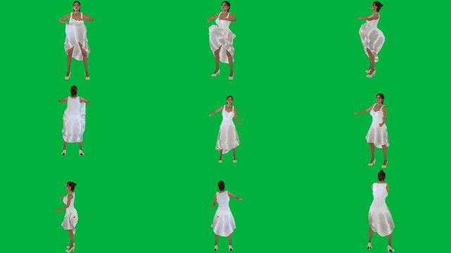 A woman in white dress dancing on green screen و is walking animated chromakey background scene creative composition design elements colorful figure movement illustration style gesture