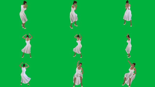 A woman in white dress on green screen و dancing is animated chromakey background creative expression colorful depth gesture figure layers design composition style backgrounds emotion