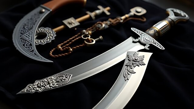 Ornate ceremonial kirpan displayed with kara and kanga on velvet.