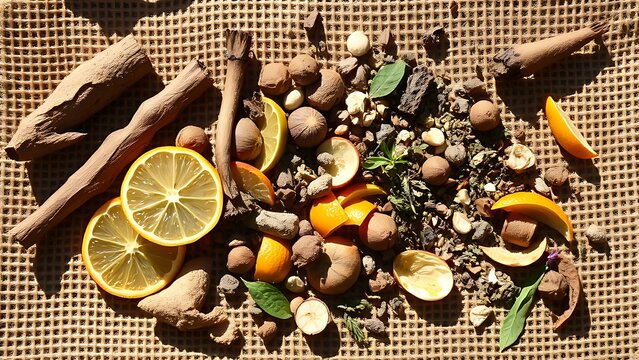 Assorted botanicals scattered on rough burlap fabric in sunlight.