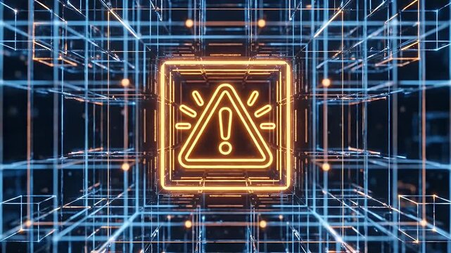 Futuristic warning symbol digital alert icon cyber security concept glowing neon triangle and cube network data grid technology background system error computer risk online safety notification blue