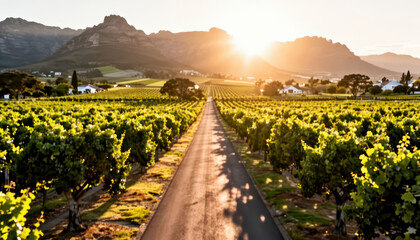 Fototapeta premium a vineyard surrounded by mountains, with a road leading through the rows of vines. The sunset casts a warm glow over the vineyard and the landscape.