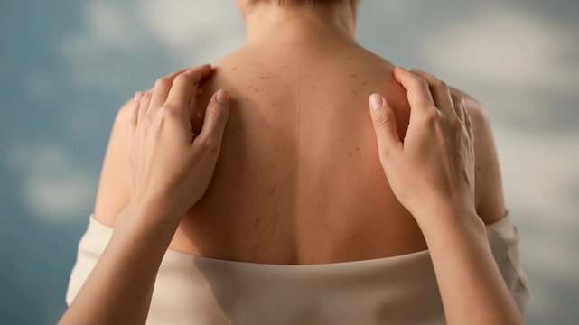 Hands massaging a bare upper back with visible skin texture and freckles.