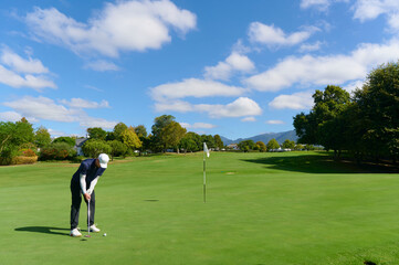 Obraz premium Man putting golf ball on green golf course.